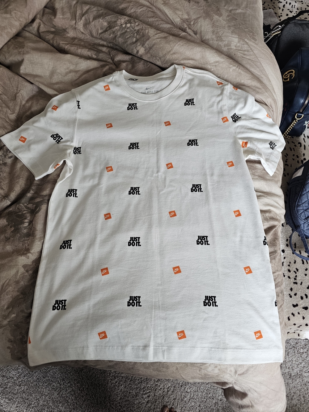 Nike White Short Sleeve Tee with Black "Just Do It." and Orange Accents